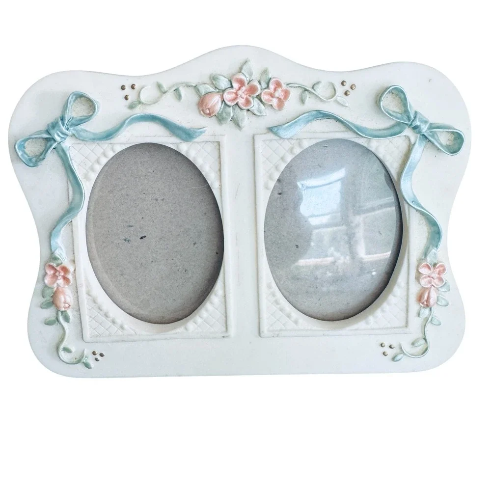 Bright Touches Vintage Double Oval Photo Frame White Floral Blue Bows 6.75x5